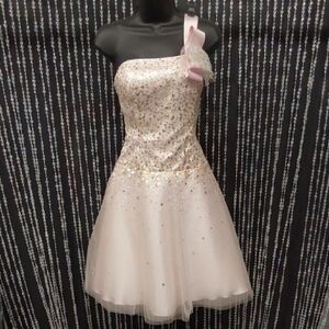 Tony Bowls Sequin One-Shoulder Dress with Pink Bow